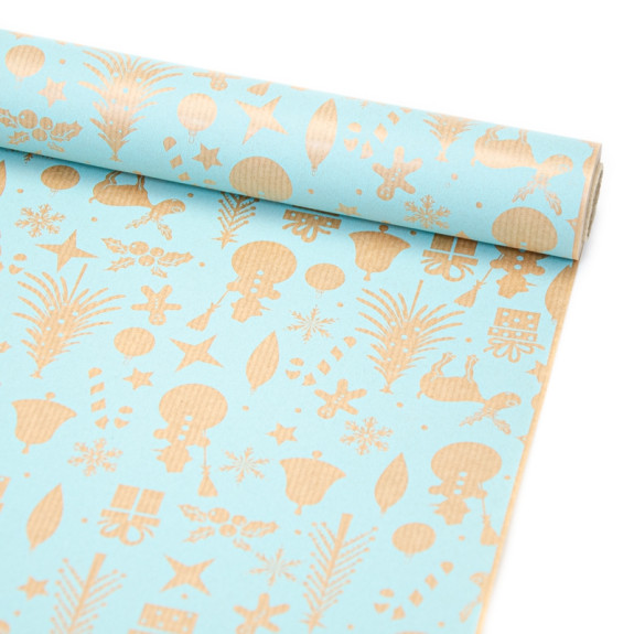 Kraft paper New Year's 70 cm x 8 m "New Year's ornaments on turquoise"