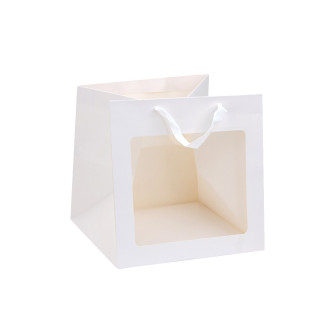 Паперова кубічна сумочка для квітів з прозорим віконцем Біла M