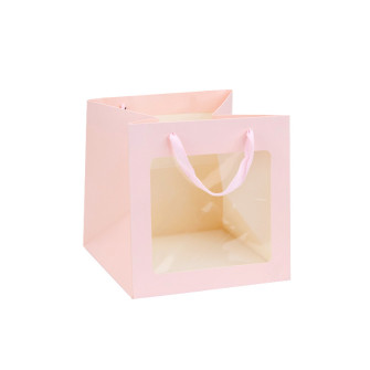 Paper cubic bag for flowers with a transparent window Pink M