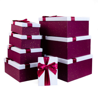 A set of 8 rectangular boxes with a white cap and a burgundy bow