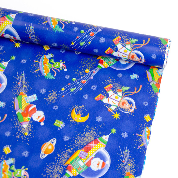 Christmas coated paper 70cm x 7m "New Year's characters in space on blue"