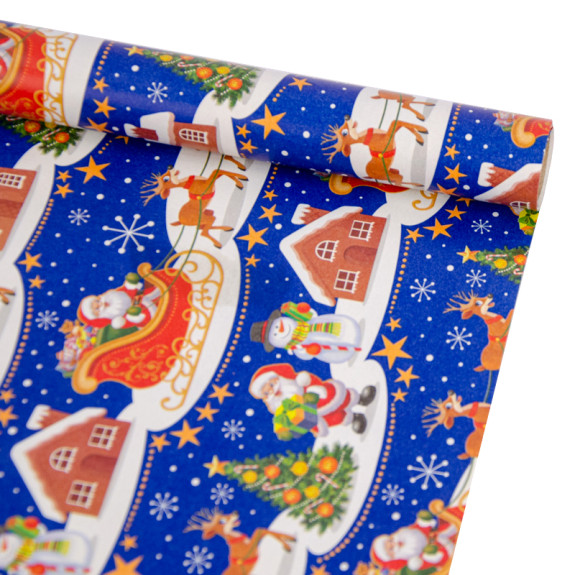 Christmas coated paper 70cm x 7m "Santa Claus in a sleigh on blue"