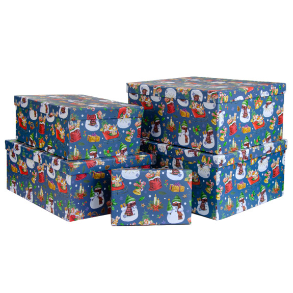 Set of 5 rectangular boxes "Snowman on Blue"