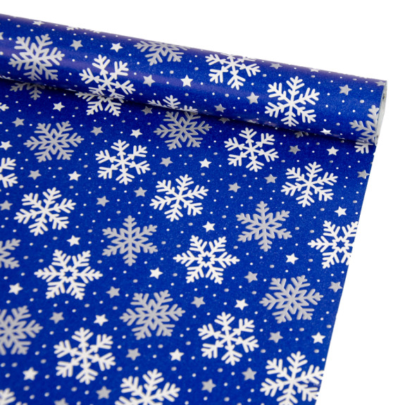 Christmas coated paper 70cm x 7m "Silver and white snowflakes on blue"