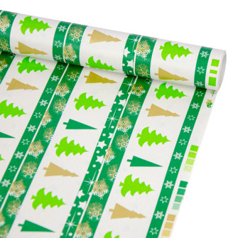 Christmas coated paper 70cm x 7m "Green and gold Christmas trees on green stripes"