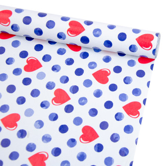 Coated paper 70cm x 7m "Red hearts with blue polka dots"