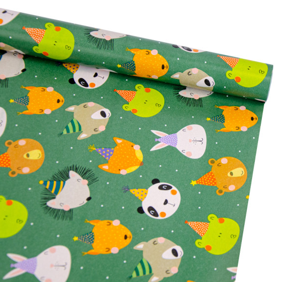 Coated paper 70cm x 7m "Festive animals on green"
