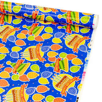 Папір крейдований 70см х 7м "Happy  Birthday святковий тортик на синьому"