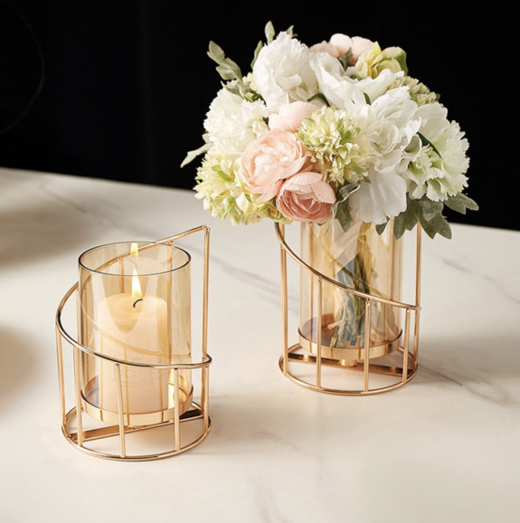 Glass candlestick with metal stand