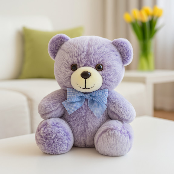 Polyester toy Oliver Bear with a lavender bow