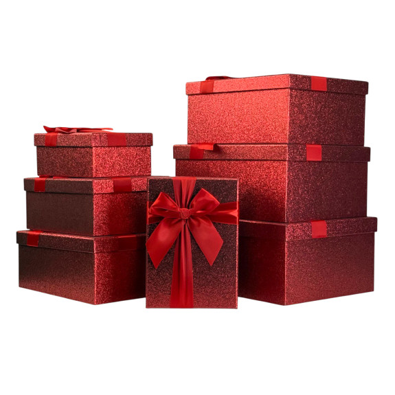 Set of 7 rectangular boxes with shimmer Red