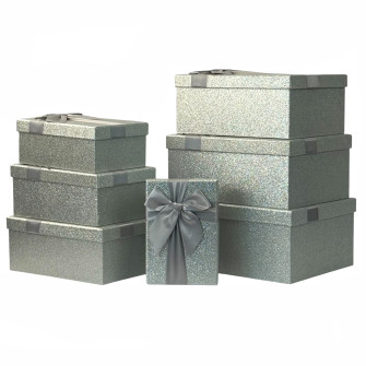 Set of 7 rectangular boxes with Sequins and bow Silver