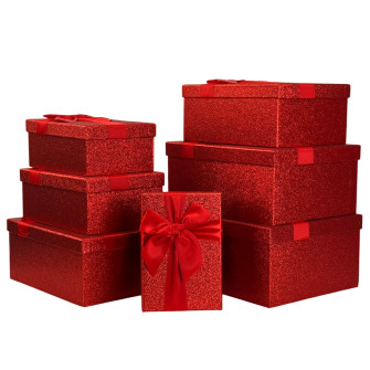Set of 7 rectangular boxes with Glitter and bow "Red"