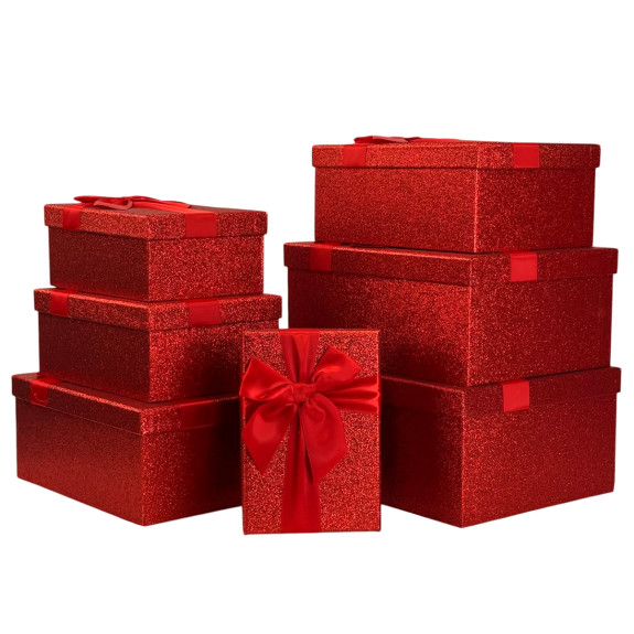 Set of 7 rectangular boxes with Glitter and bow "Red"