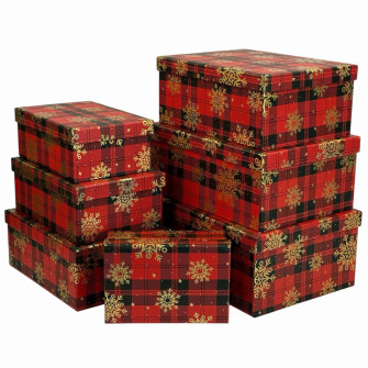 Set of 7 rectangular boxes "Golden snowflakes on a red square"