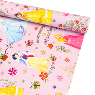 Coated New Year's paper 70cm x 8m "Christmas Disney Princesses" on pink