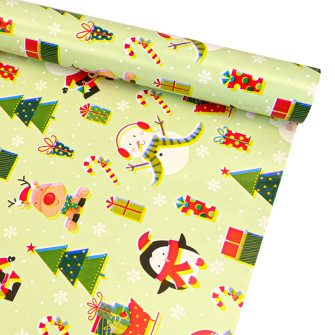 Christmas coated paper 70cm x 7m "Winter characters with gifts on light green"