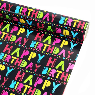 Coated paper 70cm x 7m "Happy Birthday rainbow on black"