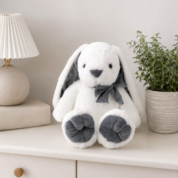 Soft toy Rabbit with a bow White with gray