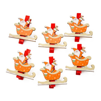 Wooden clothespin for a decor "Santa on a sleigh" in a pack of 6 pieces.